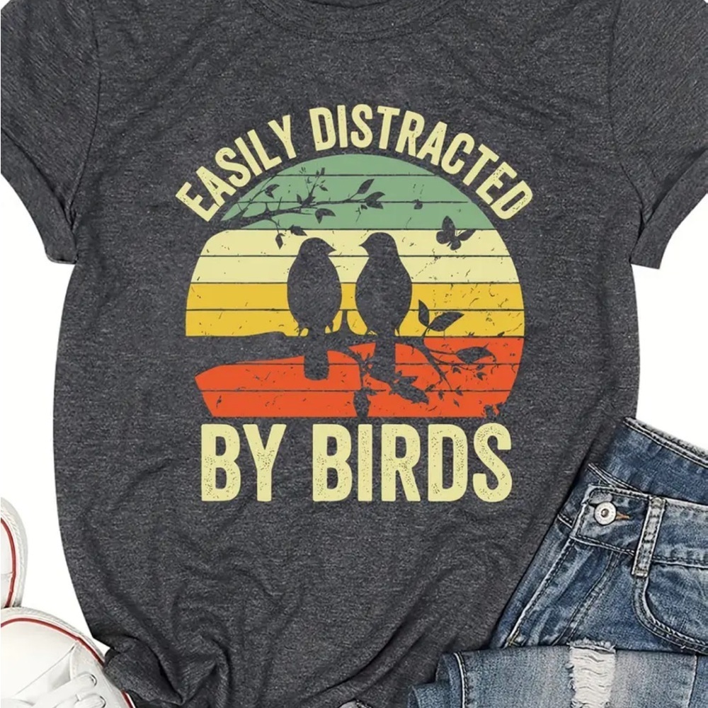 Easily Distracted by Birds Gray Bird Lover T-Shirt Sz 2X